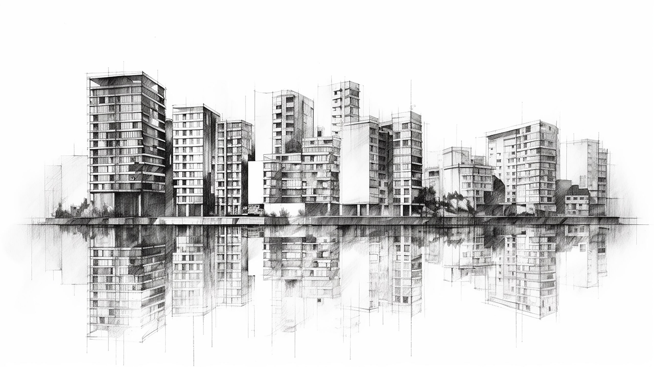 black and white sketch city with reflection drawing in watercolor pencil.